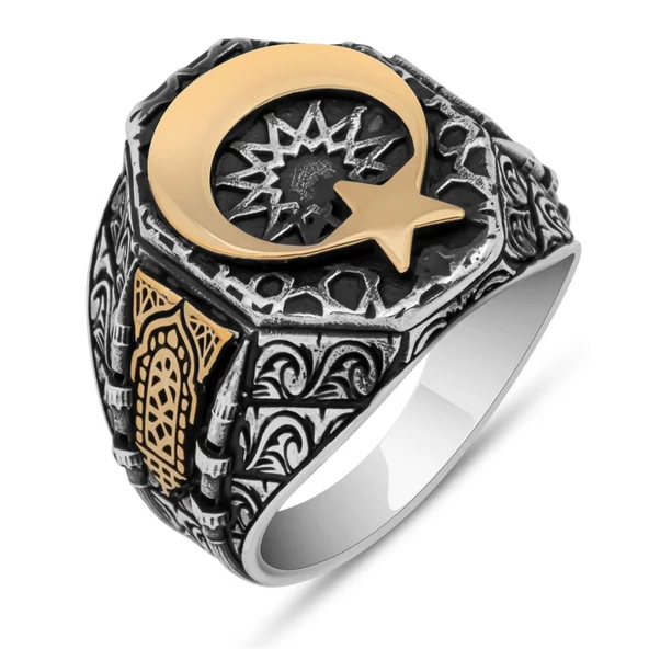 Ayyıldız Motifli 925 Gümüş Erkek Yüzük - Resim 2