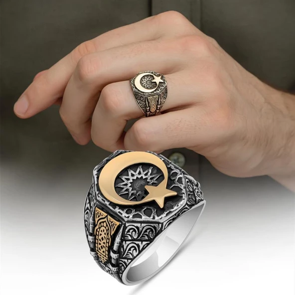 Ayyıldız Motifli 925 Gümüş Erkek Yüzük ürün görseli