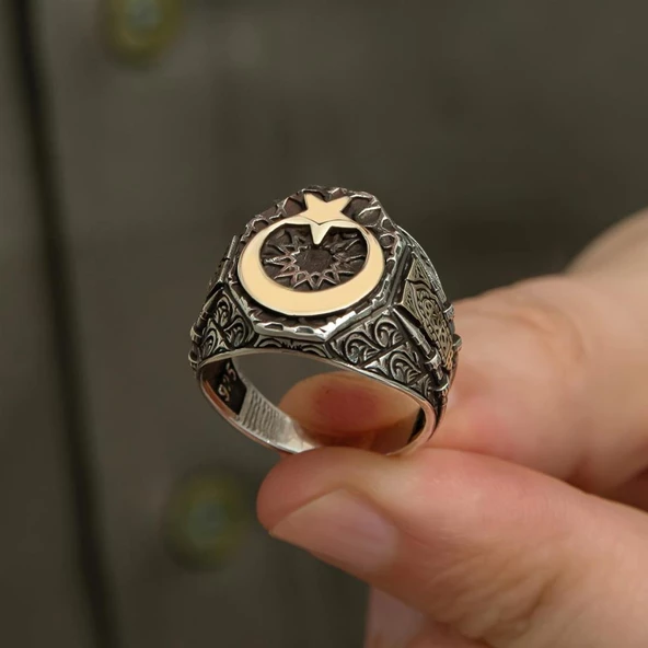 Ayyıldız Motifli 925 Gümüş Erkek Yüzük - Resim 9