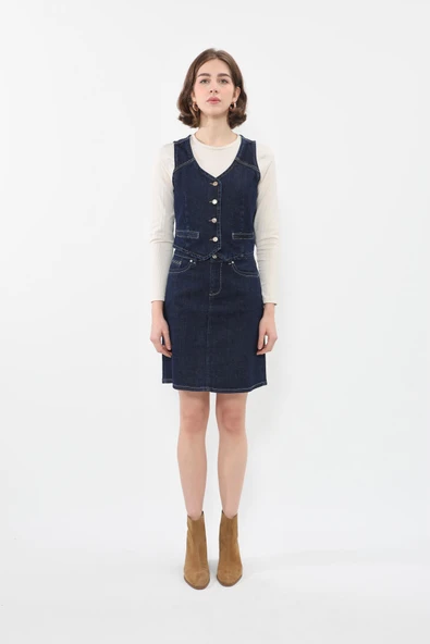 Blue White Kadın Jean Etek Diz Üstü - 5