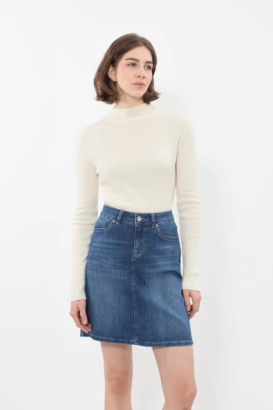 Blue White Kadın Jean Etek Diz Üstü - 10