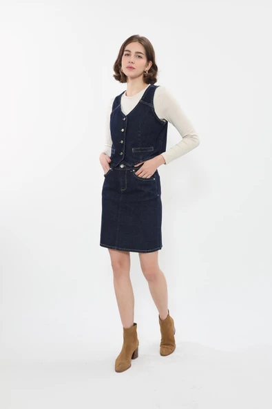 Blue White Kadın Jean Etek Diz Üstü - 3