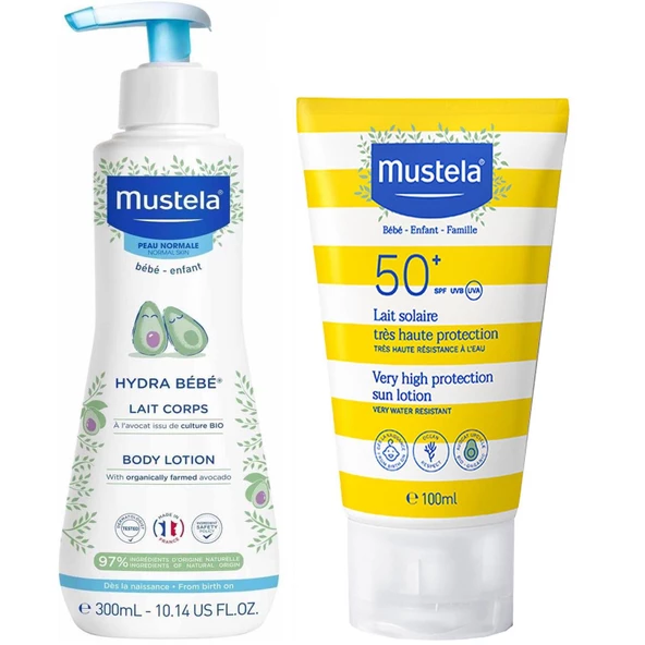 Mustela Tüm Aile İçin Spf 50+ Güneş Losyonu 100 ml + Mustela Hydra Bebe Vücut Losyonu 300 ml