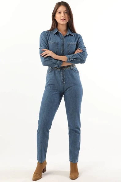 Kadın Etnik Desen Kemerli Yumuşak Dokulu Jean Tulum Mavi - 5