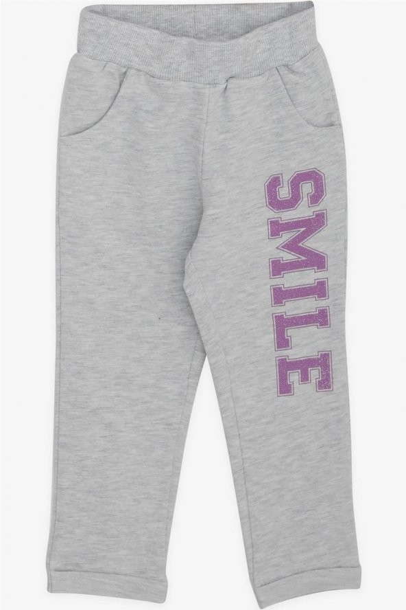 Kız Çocuk Eşofman Takımı Icıklı Simli Yazı Baskılı , Açık Gri Melanj - Resim 4