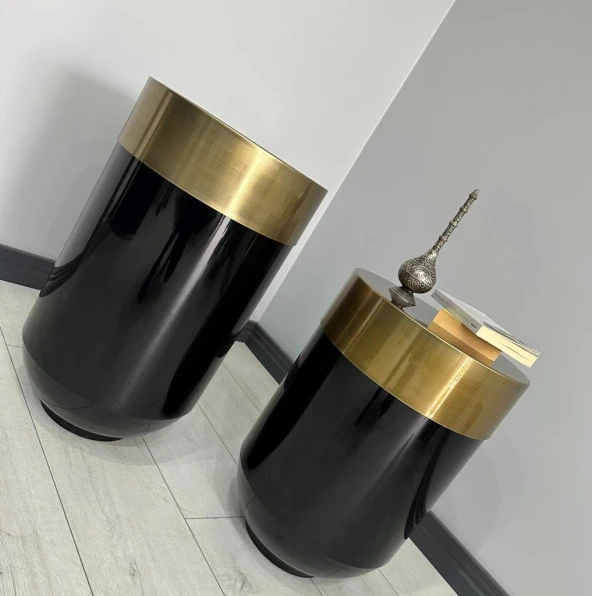 Dekoratif Eskitme Darbuka Parlak Siyah Saksı 70cm + Sehpa 60cm İkili Set - Resim 2