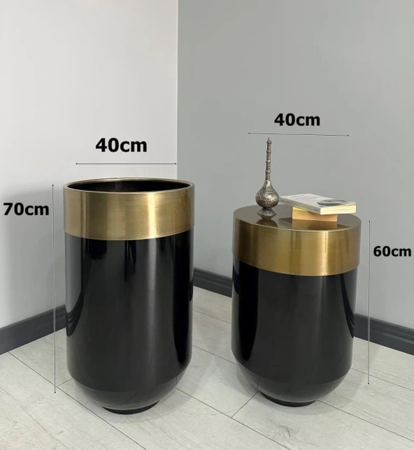 Dekoratif Eskitme Darbuka Parlak Siyah Saksı 70cm + Sehpa 60cm İkili Set - Resim 3