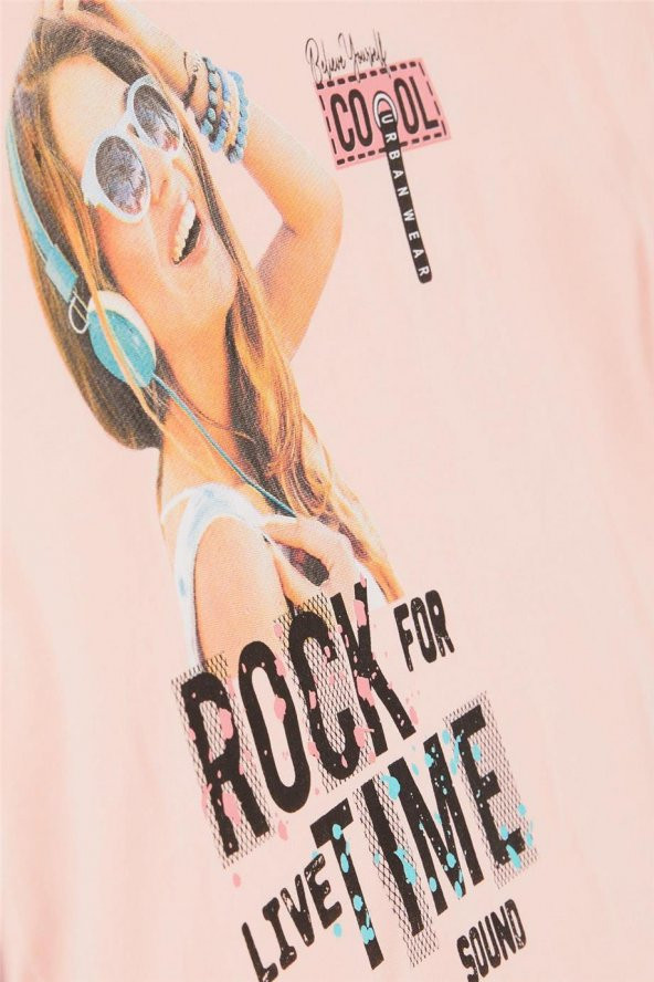 Kız Çocuk Tişört Havalı Rockçı Kız Baskılı , Somon - 4