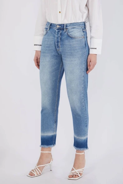 Kadın Paçası Renk Geçişli Jean Pantolon Mavi - Resim 3