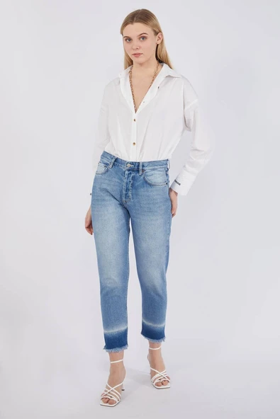 Kadın Paçası Renk Geçişli Jean Pantolon Mavi - Resim 2