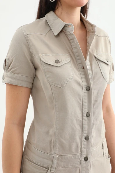 Kadın Bej Düğmeli Jean Elbise - 10