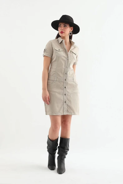 Kadın Bej Düğmeli Jean Elbise - 4