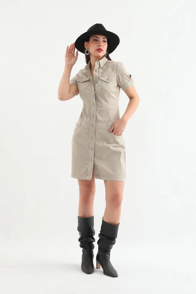 Kadın Bej Düğmeli Jean Elbise - 6