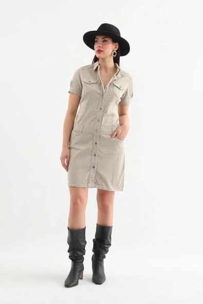 Kadın Bej Düğmeli Jean Elbise - 2