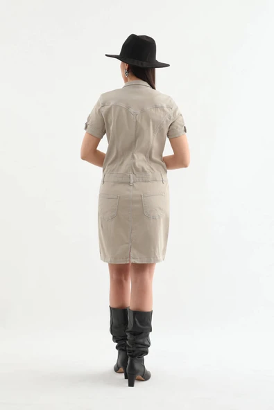 Kadın Bej Düğmeli Jean Elbise - 9