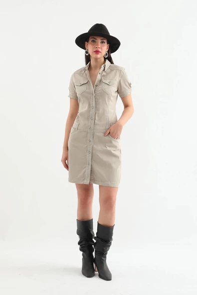 Kadın Bej Düğmeli Jean Elbise - 3