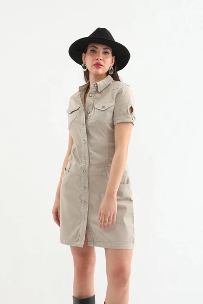 Kadın Bej Düğmeli Jean Elbise - 5