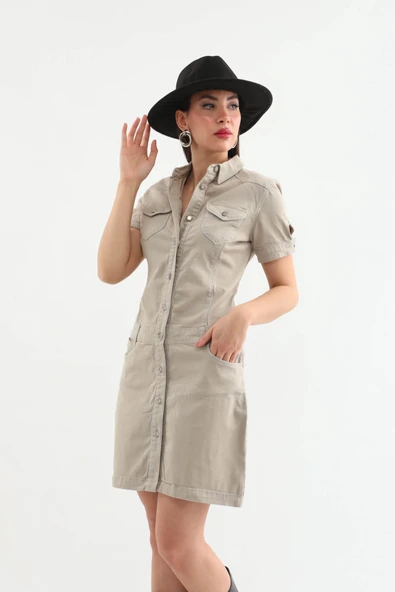 Kadın Bej Düğmeli Jean Elbise - 7