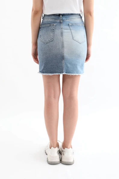 Kadın Mavi Renk Bloklu Yırtık Jean Etek - 9