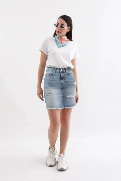 Kadın Mavi Renk Bloklu Yırtık Jean Etek - 4