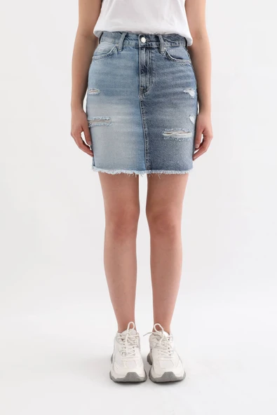 Kadın Mavi Renk Bloklu Yırtık Jean Etek - 8