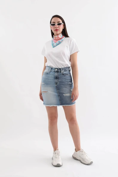 Kadın Mavi Renk Bloklu Yırtık Jean Etek - 2