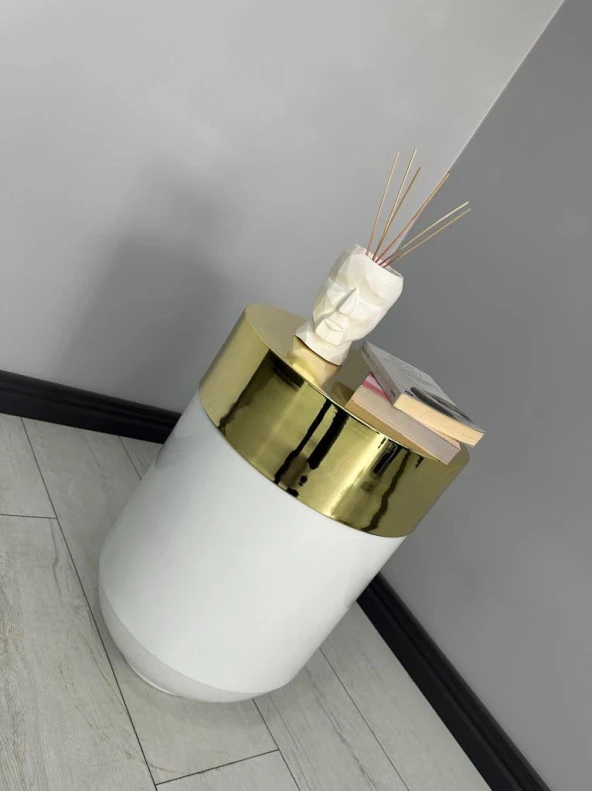 Dekoratif Gold Darbuka Parlak Beyaz Sehpa 60cm - Resim 2