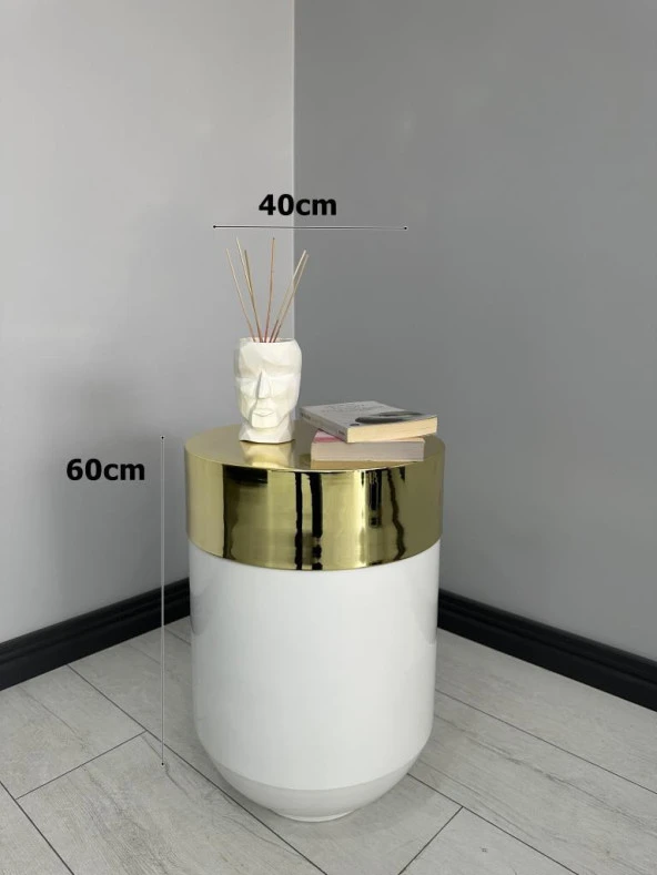 Dekoratif Gold Darbuka Parlak Beyaz Sehpa 60cm - Resim 3
