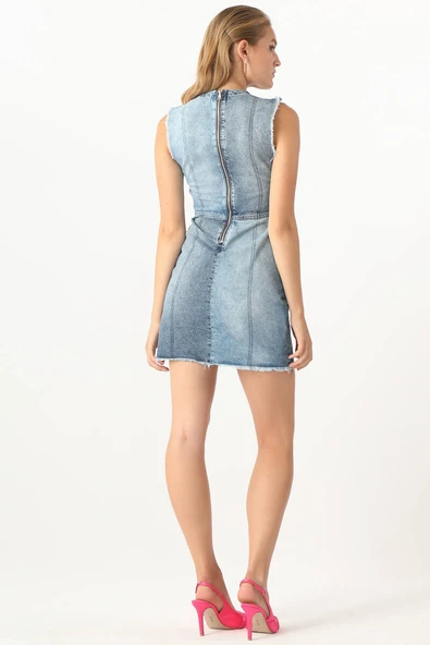Kadın Kolsuz Jean Elbise - 7