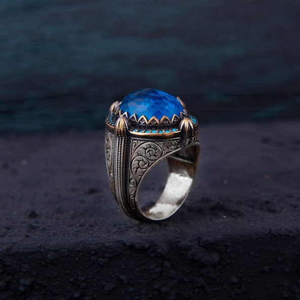 Minare Model Mavi Topaz Taşlı Gümüş Erkek Yüzük