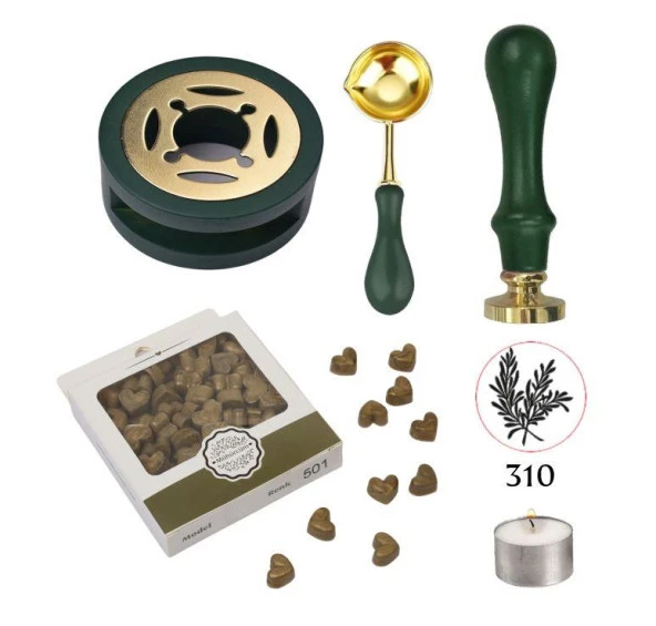 Davetiye Mum Mühürü Uygulama Seti Çim Yeşili Renk 310 Botanik Desen ürün görseli