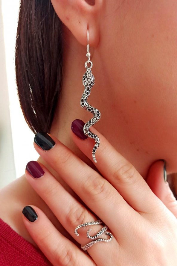 Yılan Küpe ve Ahtapot Yüzük Gümüş Kaplama El Yapımı Özel Kadın Seti - 2