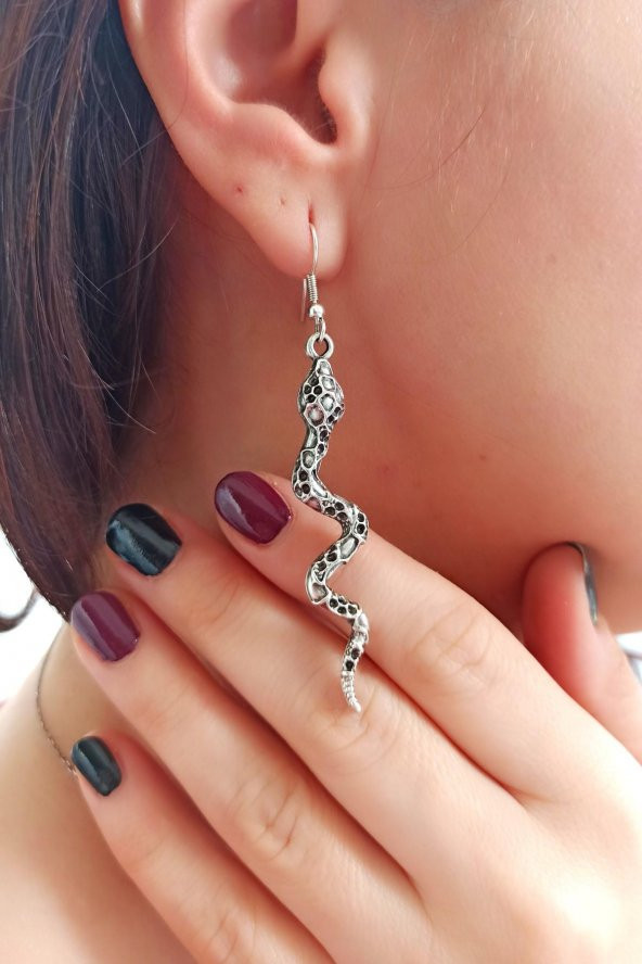 Yılan Küpe ve Ahtapot Yüzük Gümüş Kaplama El Yapımı Özel Kadın Seti - 4