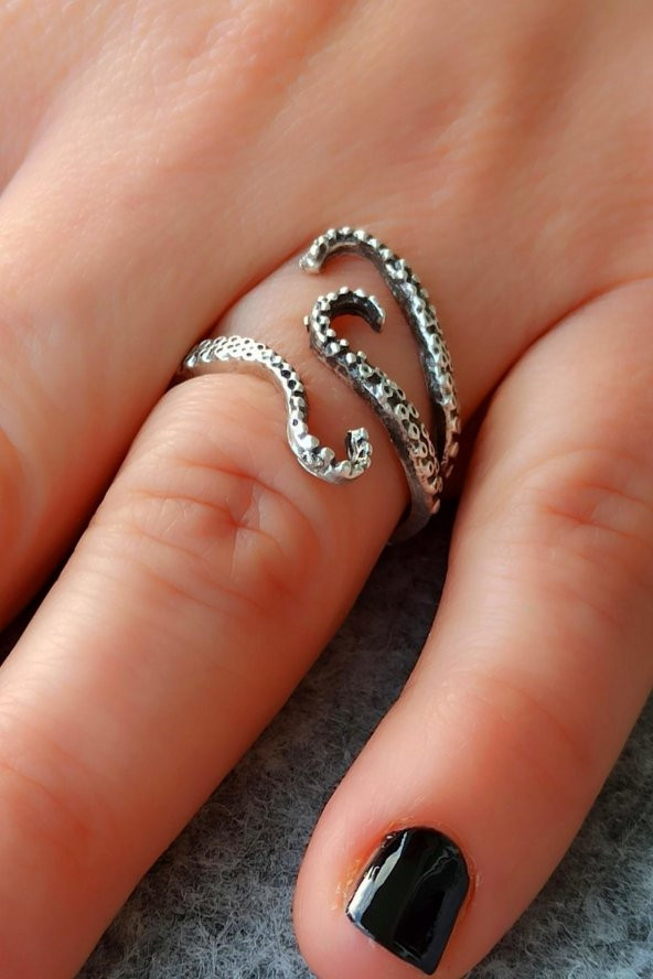 Yılan Küpe ve Ahtapot Yüzük Gümüş Kaplama El Yapımı Özel Kadın Seti - 5