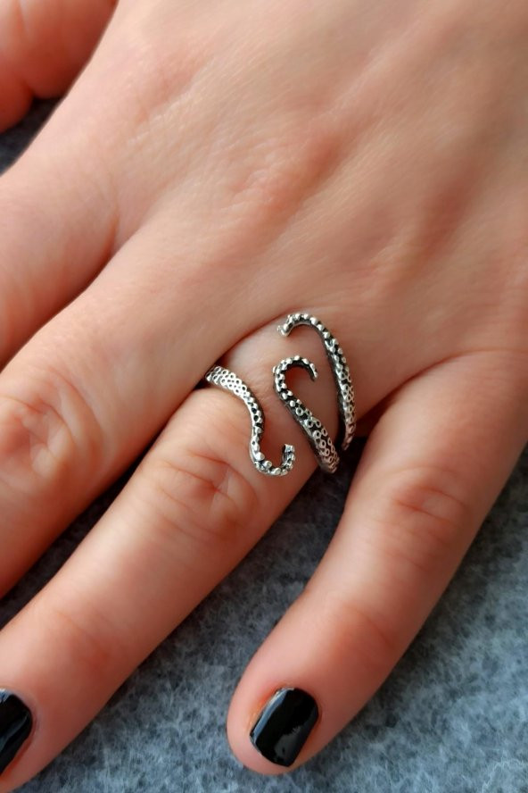 Yılan Küpe ve Ahtapot Yüzük Gümüş Kaplama El Yapımı Özel Kadın Seti - 6