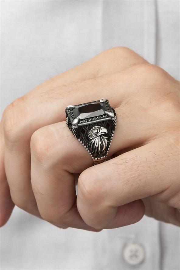 Dikdörtgen Kartal Motifli Siyah Taşlı 925 Gümüş Erkek Yüzük - Resim 2