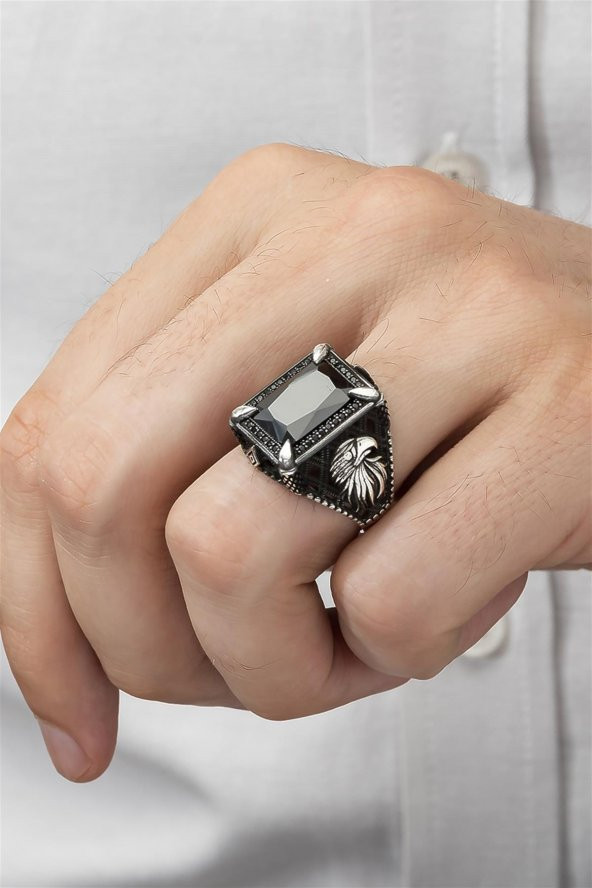 Dikdörtgen Kartal Motifli Siyah Taşlı 925 Gümüş Erkek Yüzük - Resim 3