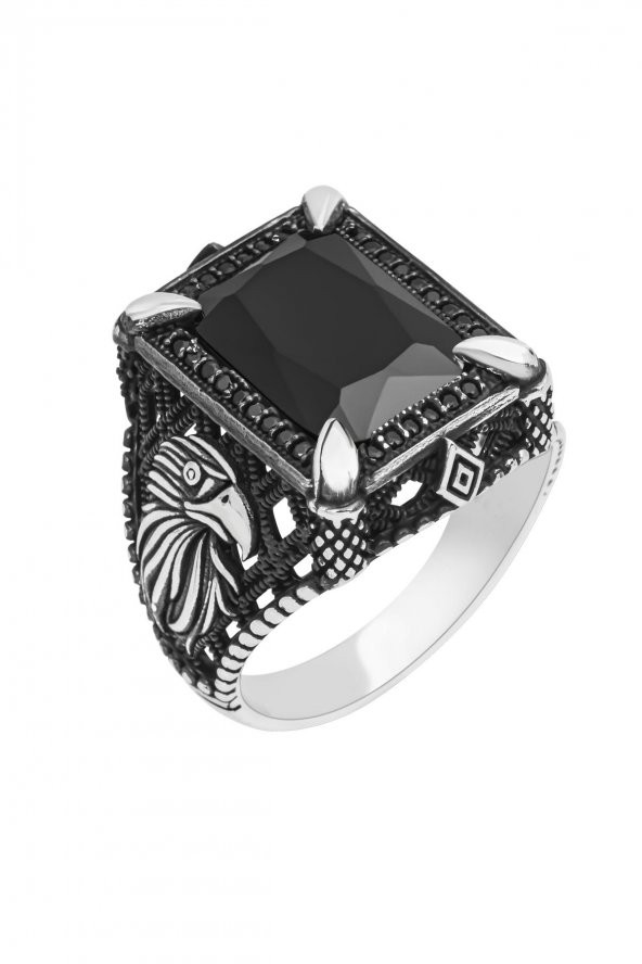Dikdörtgen Kartal Motifli Siyah Taşlı 925 Gümüş Erkek Yüzük - Resim 4