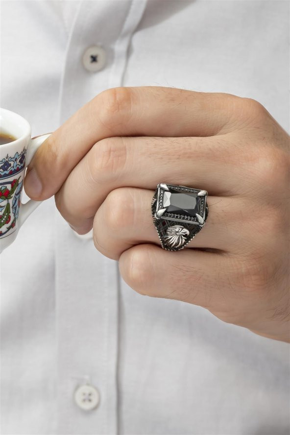 Dikdörtgen Kartal Motifli Siyah Taşlı 925 Gümüş Erkek Yüzük - Resim 5