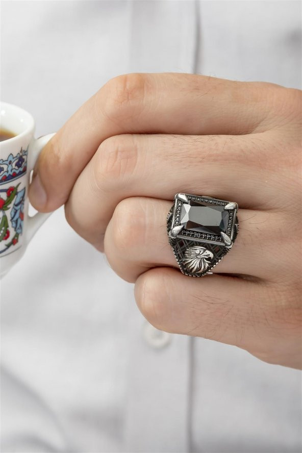 Dikdörtgen Kartal Motifli Siyah Taşlı 925 Gümüş Erkek Yüzük - Resim 6
