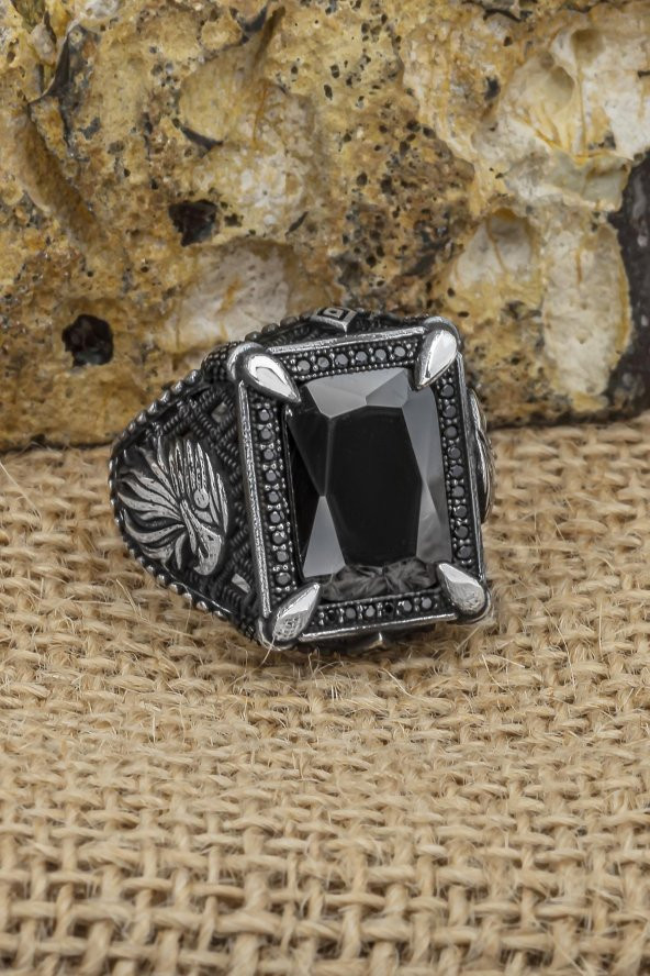 Dikdörtgen Kartal Motifli Siyah Taşlı 925 Gümüş Erkek Yüzük - Resim 8