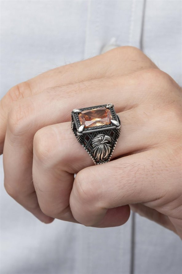 Dikdörtgen Kartal Motifli Sitrin Taşlı 925 Gümüş Erkek Yüzük - Resim 3