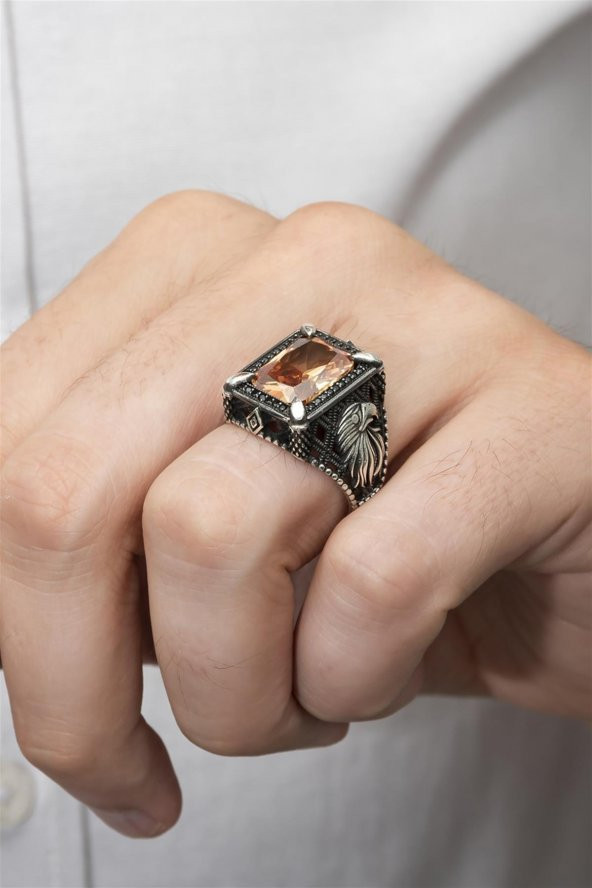 Dikdörtgen Kartal Motifli Sitrin Taşlı 925 Gümüş Erkek Yüzük - Resim 4