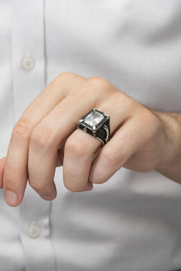 Dikdörtgen Zülfikar Motifli Zirkon Taşlı 925 Gümüş Erkek Yüzük - Resim 4