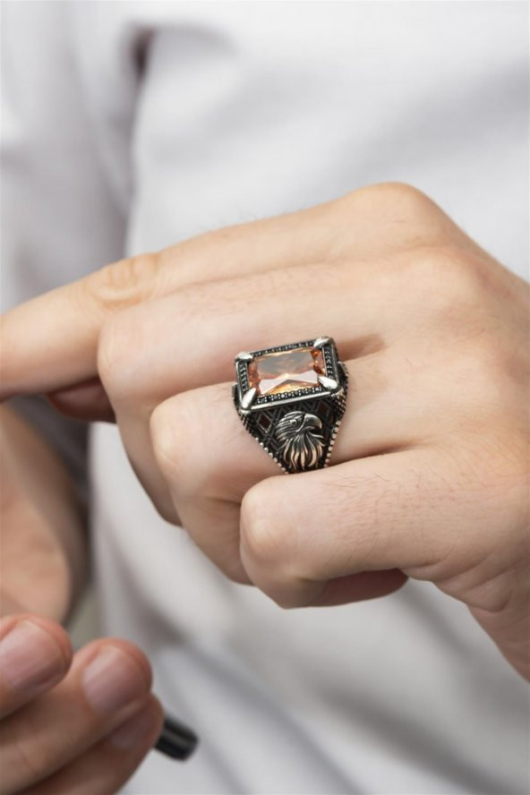 Dikdörtgen Kartal Motifli Sitrin Taşlı 925 Gümüş Erkek Yüzük - Resim 5