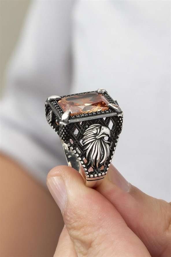 Dikdörtgen Kartal Motifli Sitrin Taşlı 925 Gümüş Erkek Yüzük - Resim 6