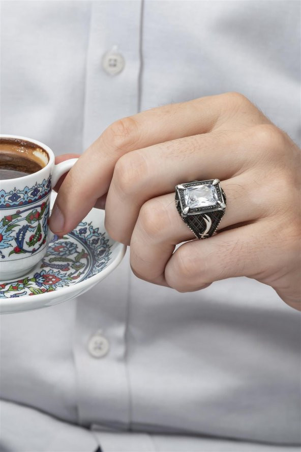 Dikdörtgen Zülfikar Motifli Zirkon Taşlı 925 Gümüş Erkek Yüzük - Resim 6