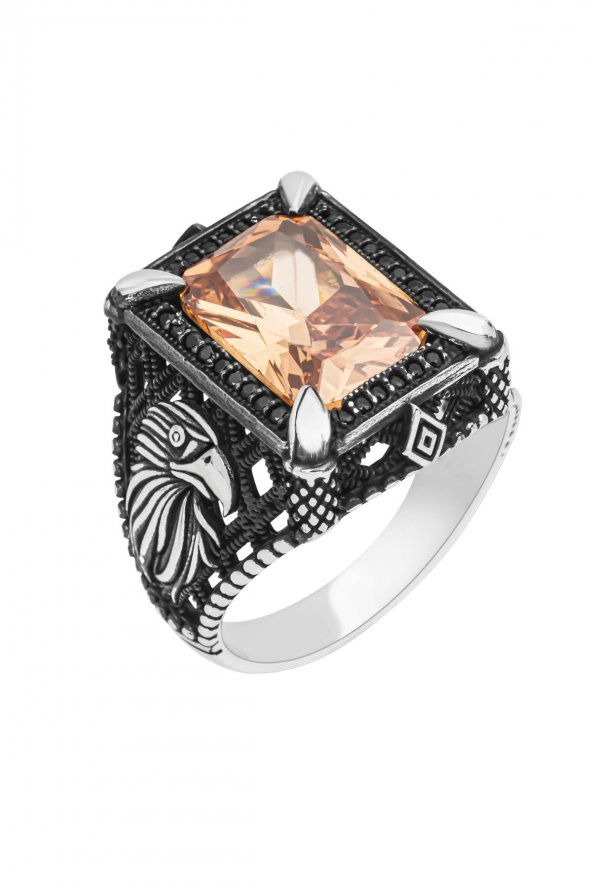 Dikdörtgen Kartal Motifli Sitrin Taşlı 925 Gümüş Erkek Yüzük - Resim 7