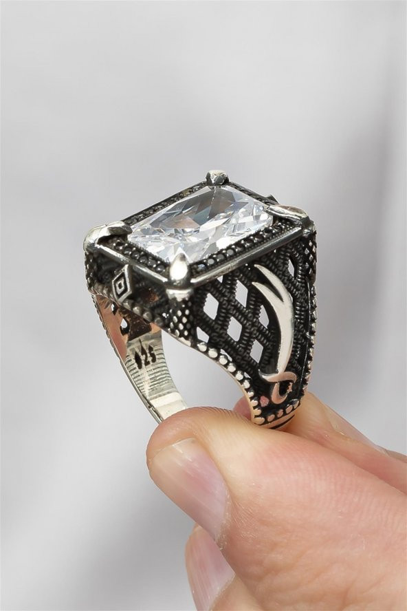 Dikdörtgen Zülfikar Motifli Zirkon Taşlı 925 Gümüş Erkek Yüzük - Resim 7