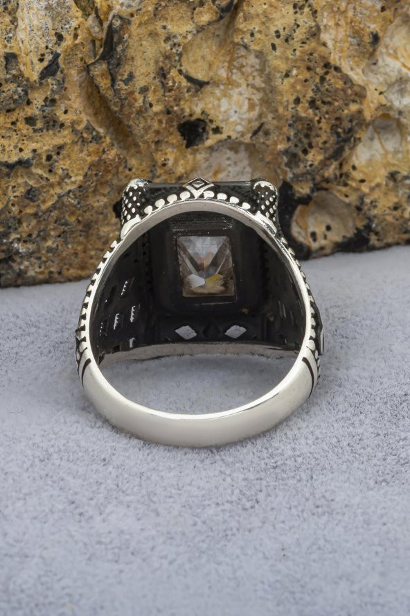 Dikdörtgen Zülfikar Motifli Zirkon Taşlı 925 Gümüş Erkek Yüzük - Resim 8